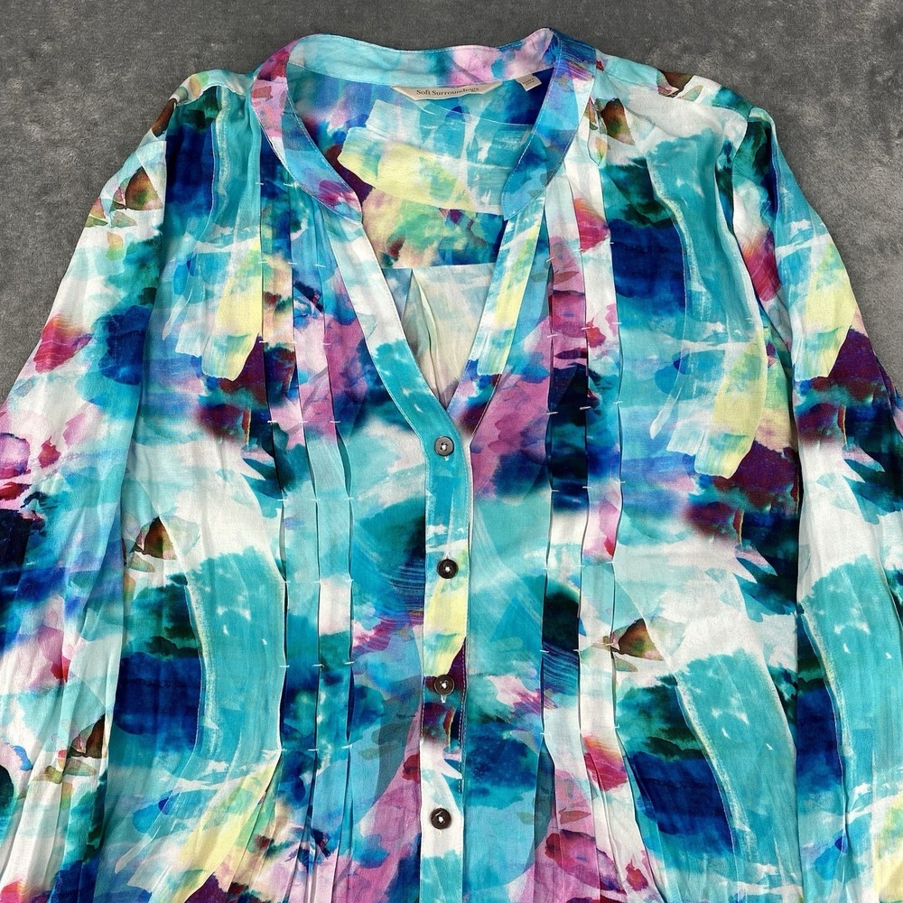 Soft Surroundings Ursa Tunic Large Colorful‎ Rayon Blouse Pleat Details V Neck - Picture 4 of 12
